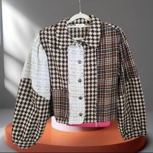 POL Houndstooth and Plaid Patchwork Blazer Crop